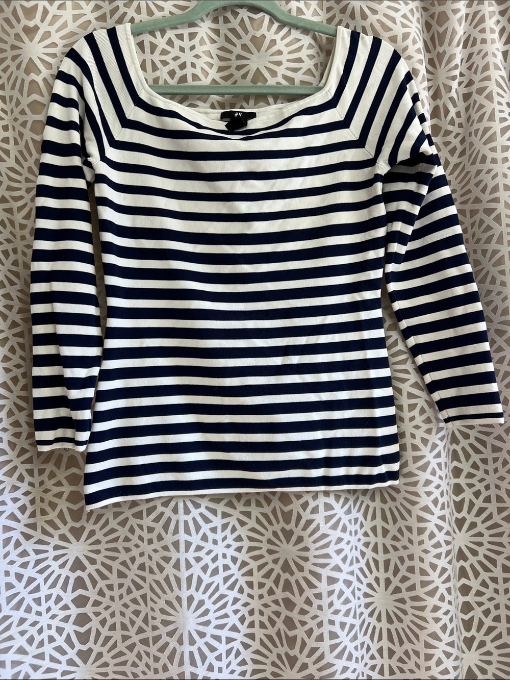 H&M Navy and White Striped Scoop Neck Long Sleeve Top